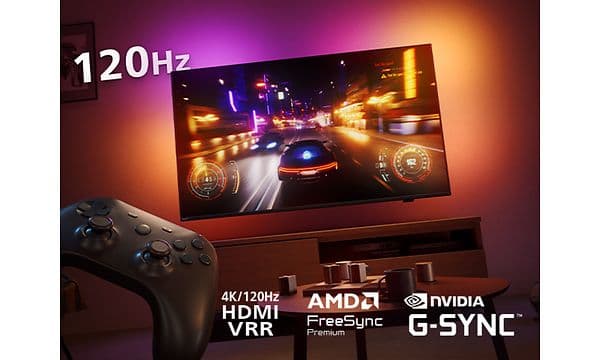 Philips OLED 759 TV og 120 Hz, ultralav etterslep, G-sync, VRR, FreeSync-logoer