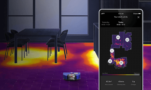 Dyson 360 Vis Nav robotstøvsuger og MyDyson-appen på en smarttelefon