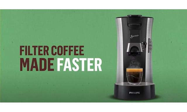 Senseo-kaffemaskin og teksten Filter coffee made faster