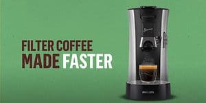 Senseo-kaffemaskin og teksten Filter coffee made faster