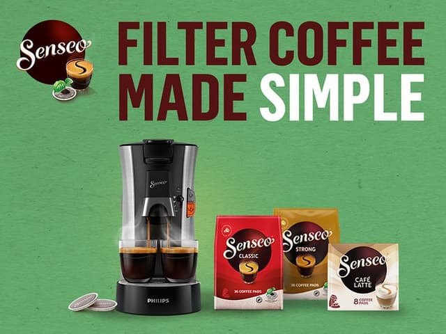 Senseo kaffemaskin og kaffe og teksten Filter coffee made simple