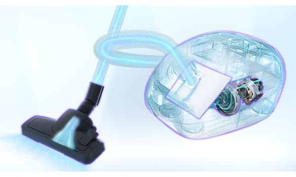 Bosch - SDA - Bosch Series 8 BGL8WH3 -pölynimuri ja kuvituskuva sen parannetusta imutehosta