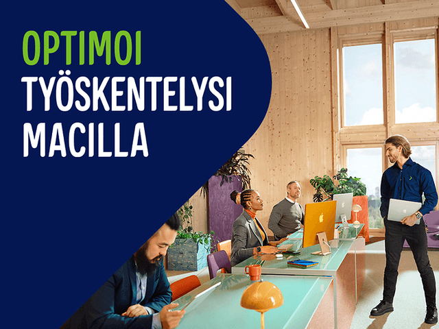 Optimoi työskentelysi macilla -kampanjabanner, jossa Gigantin työasuun pukeutunut mies seisoo kokoustilassa MacBook kädessään