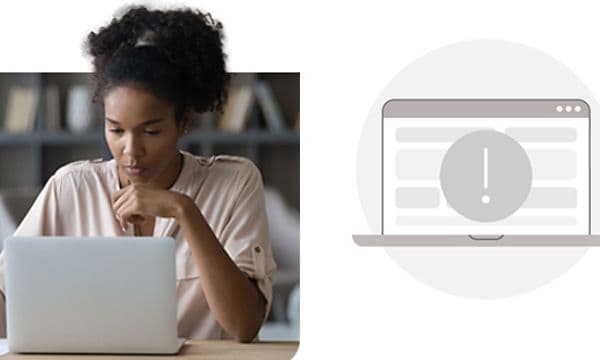 Kvinne ser konsentrert ut mens hun jobber på den bærbare datamaskinen og et symbol for beskyttelse av bærbar PC