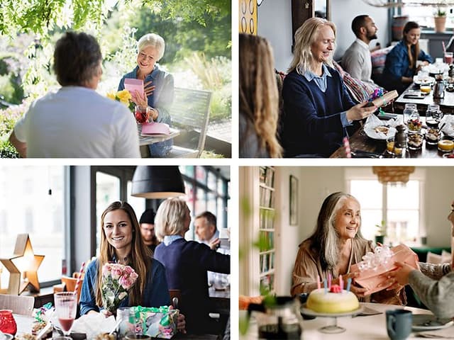 Four women in four different images receiving gifts