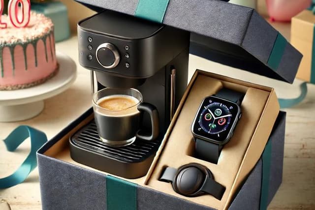 A small, black gift box with a coffee machine and smartwatch inside
