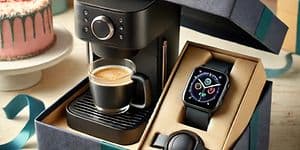 A small, black gift box with a coffee machine and smartwatch inside
