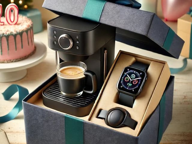 Personlig gave til ham: Sort gaveæske en med kaffemaskine og et smartwatch indeni
