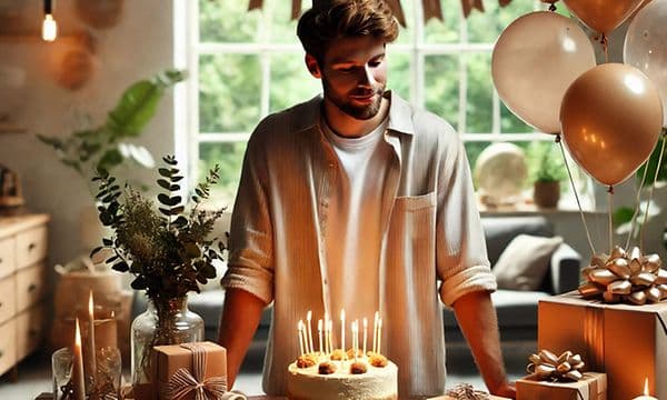 A man standing in front of a birthday cake on a table with birthday gifts