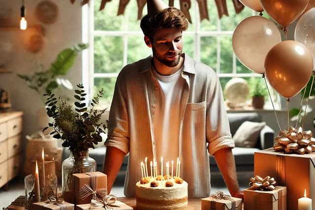 A man standing in front of a birthday cake on a table with birthday gifts