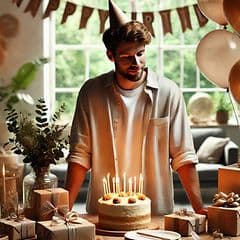 A man standing in front of a birthday cake on a table with birthday gifts