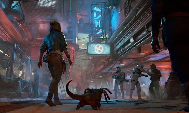 Skjermbilde fra Star Wars Outlaws som viser Kay som snakker med en droide