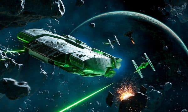 Skjermbilde fra Star Wars Outlaws som viser et skip i verdensrommet sammen med TIE-fightere