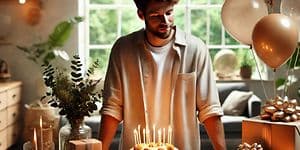 A man standing in front of a birthday cake on a table with birthday gifts