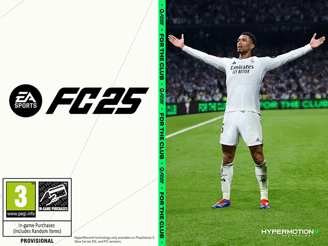 EA Sports FC25 -pelin logo sekä jalkapallonpelaaja, joka seisoo pelikentällä kädet levällään
