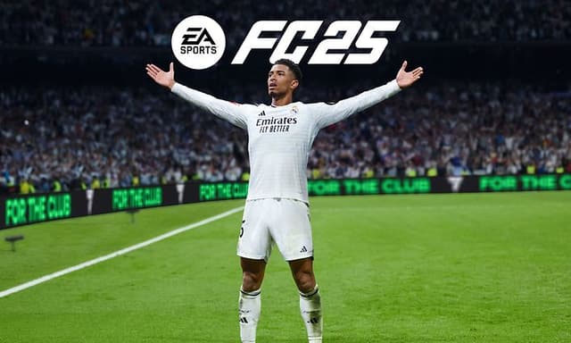 EA Sports FC25 logo og fotballspiller med åpnede armer
