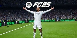 EA Sports FC25 logo og fotballspiller med åpnede armer