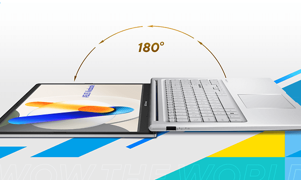 ASUS Vivobook 15 X1504ZA avattuna kokonaan sen 180 asteen saranoiden havainnollistamiseksi
