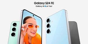 Samsung Galaxy S24 FE phones and the text Galaxy AI is here
