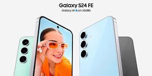 Samsung Galaxy S24 FE -älypuhelimia ja teksti Galaxy AI on täällä