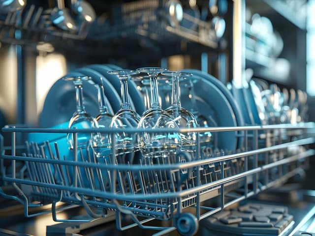 Guide - MDA - Close up of wine glasses in a dishwasher rack