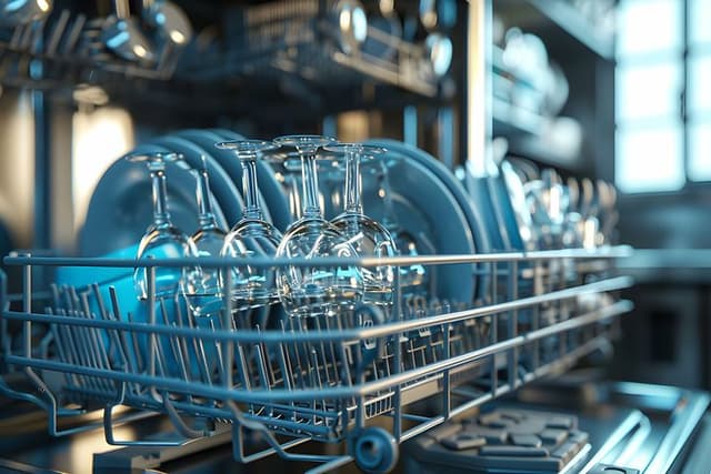 Guide - MDA - Close up of wine glasses in a dishwasher rack