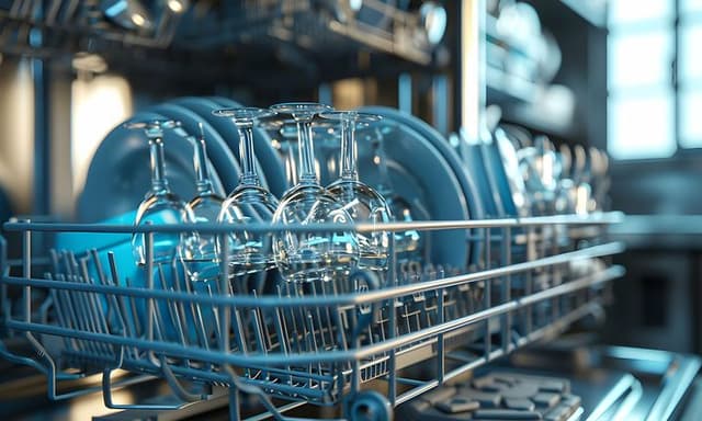 Guide - MDA - Close up of wine glasses in a dishwasher rack