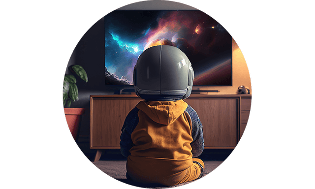 Kypäräpäinen lapsi istuu katsomassa avaruusohjelmaa televisiosta