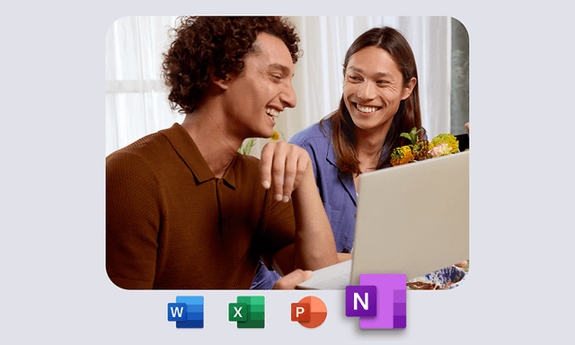Microsoft - Microsoft Office 2024 Home - Office Apps og to mænd, der snakker foran en Microsoft bærbar computer