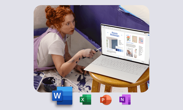 Microsoft - Microsoft Office 2024 Home - Office Apps, Microsoft laptop og en ung kvinde
