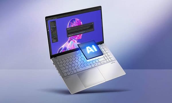 Asus Vivobook S 15 S5507 laptop med AI-ydeevne på blå baggrund