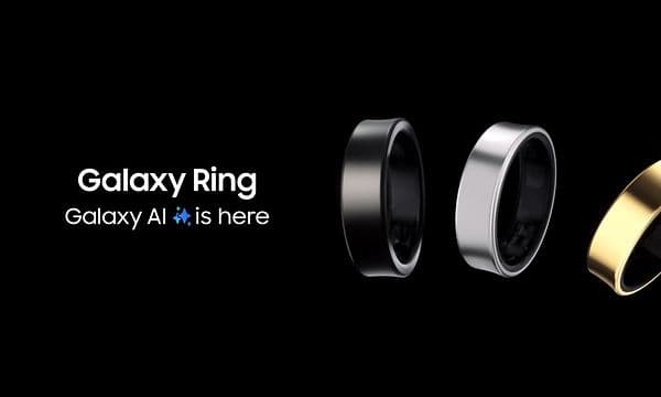 Smartringen Galaxy Ring i forskellige farver og teksten: "Galaxy Ring. Galaxy AI is here."