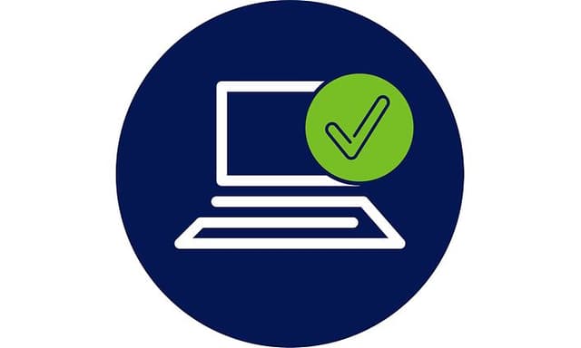 Tietokoneiden tukipalvelun ikoni, jossa valkoisella kuvitettu kannettava tietokone sinistä taustaa vasten