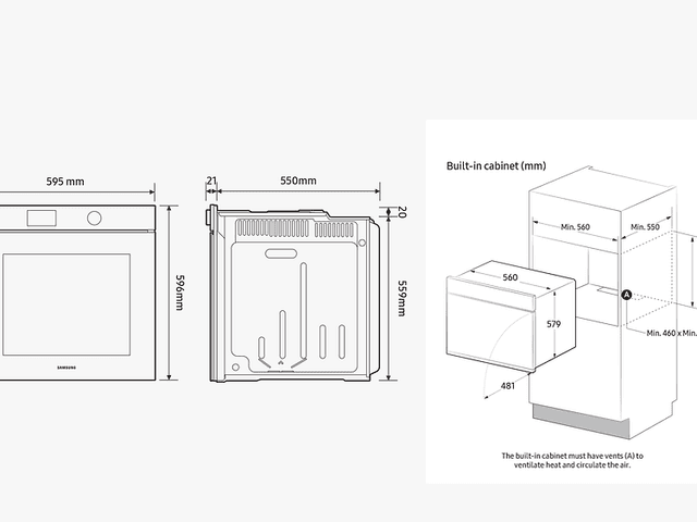 Tegning af Samsung-ovn og dens mål