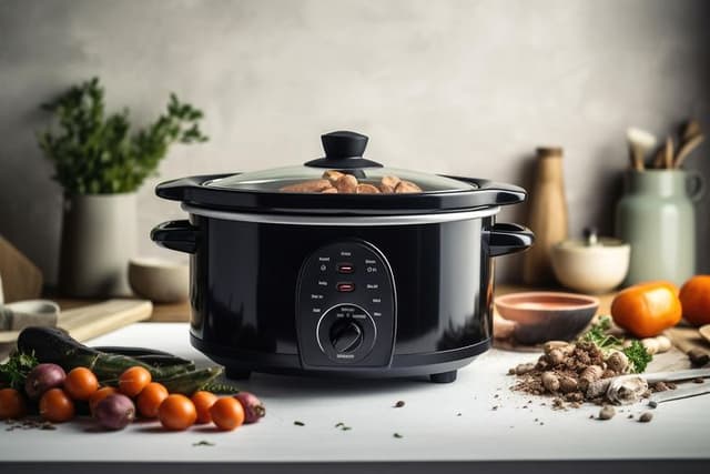 Slow cooker på køkkenbord omringet af ingredienser