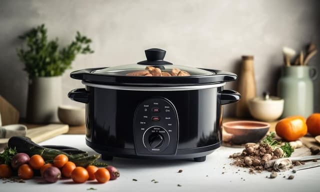 Slow cooker på køkkenbord omringet af ingredienser