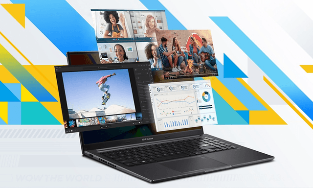 Asus Vivobook 15 OLED laptop with HDR display on a colourful background