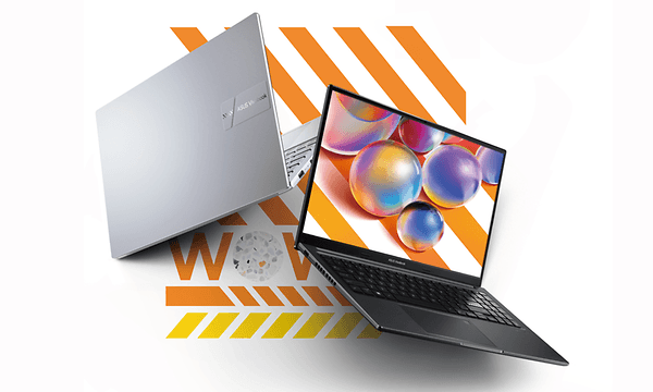 ASUS Vivobook 14 mot lys bakgrunn med gule og oransje striper