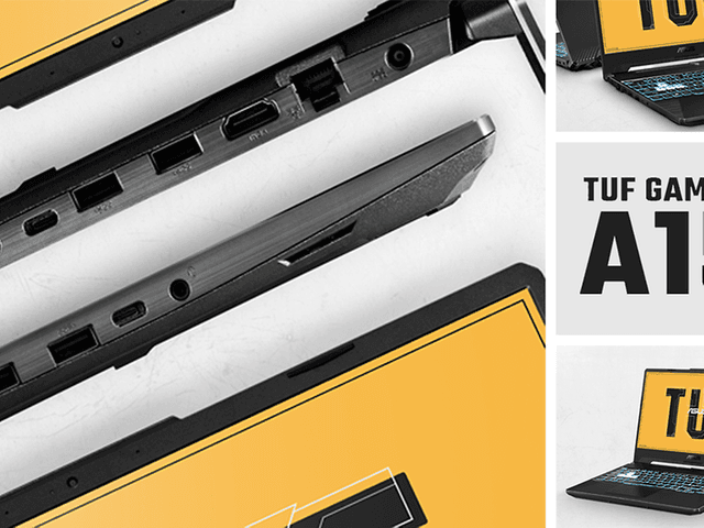 Kollaasi ASUS TUF Gaming A15 kannettavasta tietokoneesta ja teksti ´TUF Gaming A15´