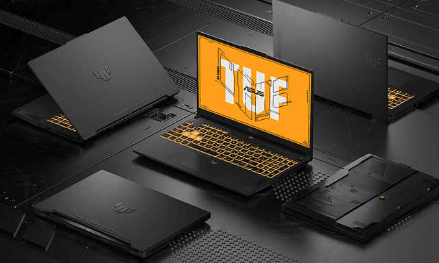 Black ASUS TUF A15 laptops on a dark backgound 