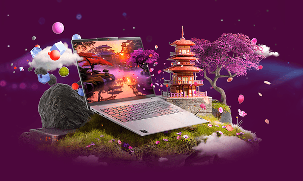 Illustrationer omkring Lenovo IdeaPad Slim 5x bærbar computer og levende billeder på dens OLED-skærm