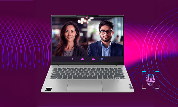 Lenovo IdeaPad Slim 5x laptop og skjerm delt opp i bilde av to personer