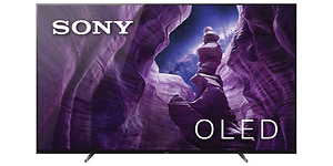 SONY OLED-TV på stativ med lila/blått motiv på skärmen. 