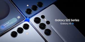 Samsung Galaxy S25-seriens telefoner ved siden af hinanden
