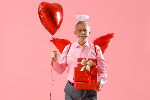 Mand med røde vinger og en rød hjerteformet ballon står med en valentinsgave