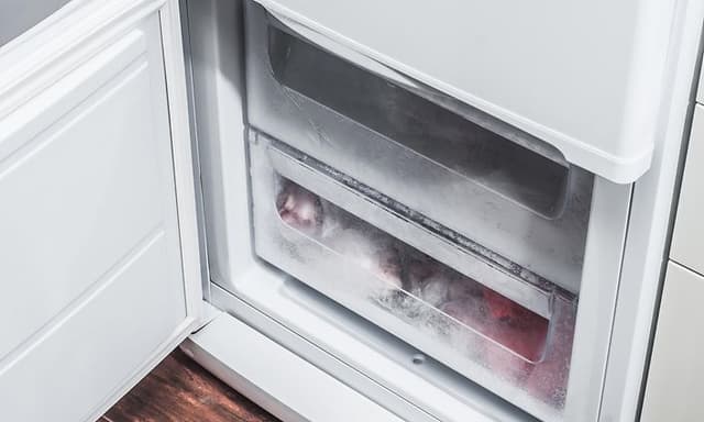 An open small freezer with frozen fruit inside