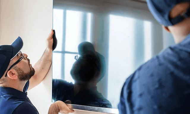 two men mounting a tv on wall