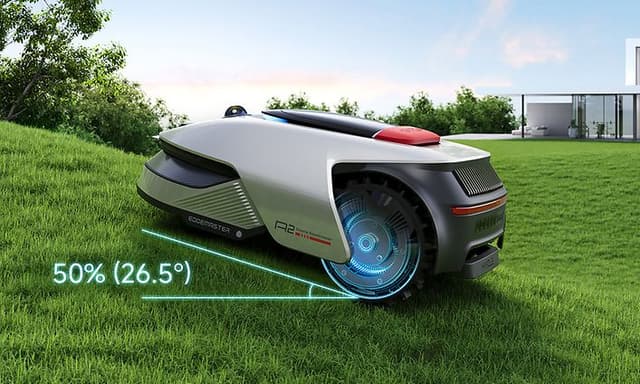 Dreame A2 robotplæneklipper kører på græsplæne med hældning