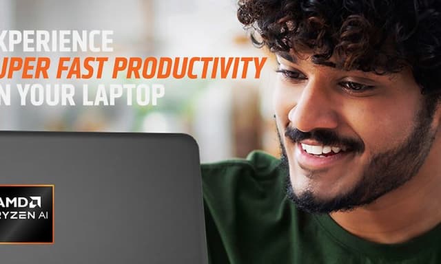AMD Ryzen™ AI og billede af person med computer og teksten "Experience Super Fast Productivity on Your Laptop"