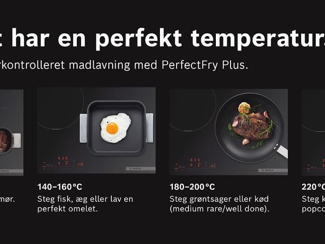 Billeder af forskellige retter og deres perfekte tilberedningstemperaturer